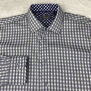 ENZONE Dress Shirt Mens XL Blue/White Checks Contrasting‎ Trim Regular Fit